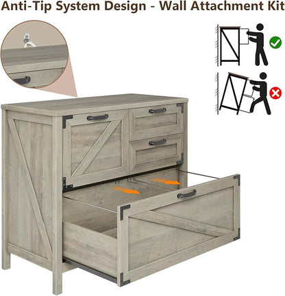 Lateral File Cabinet with 4 Drawers, Farmhouse File Cabinet for Letter/Legal/A4 Size Hanging Files, Large Wood File Storage Cabinets Printer Stand for Home Office Cabinets, Rustic Grey
