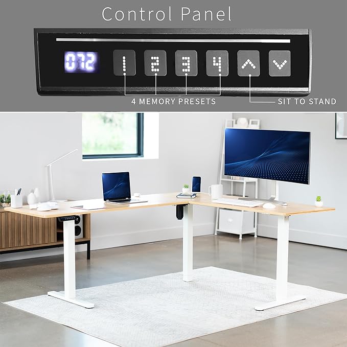 VIVO Corner Standing Desk, 75 x 63 inch Reversible L-Shaped Workstation, Electric Height Adjustment, Home, Office, and Reception Rooms, Real Bamboo Table Top White Frame, DESK-E3CTWO-75
