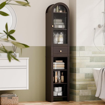 70" Tall Bathroom Storage Cabinet with Acrylic Door，Narrow Storage Cabinet with Drawer Adjustable Shelves, Modern Arched Design Bathroom Cabinet for Bathroom, Living Room, Kitchen, Espresso