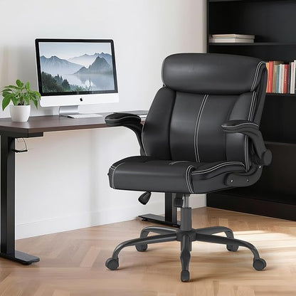 AnyGod Executive Leather Office Chair, Ergonomic Home Office Desk Chair with Flip-up Armrests, Lumbar Support, Adjustable Height, Mid-Back with Rocking Function for Executives