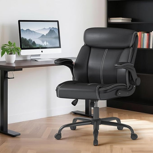 AnyGod Executive Leather Office Chair, Ergonomic Home Office Desk Chair with Flip-up Armrests, Lumbar Support, Adjustable Height, Mid-Back with Rocking Function for Executives