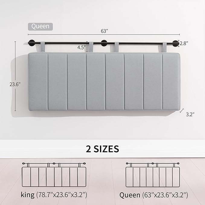 UEV Queen Headboard Only, Wall Mounted Hanging Upholstered Bed Head Board, Modern Vertical Channel Design of Fine Linen, Elegant Grey Fluted Headboard for Bedroom (Grey, Queen Size)
