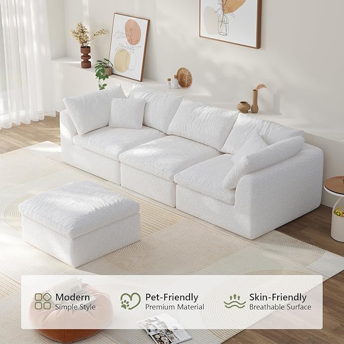 108" Boneless Cloud Couch Modular Sectional Sofa with Deep Seat for Living Room, L Shape Couch with Ottoman, Snowflake Cloth and 40D Memory Sponge，2 Throw Pillows (White, 3 Seater+1 Ottoman)