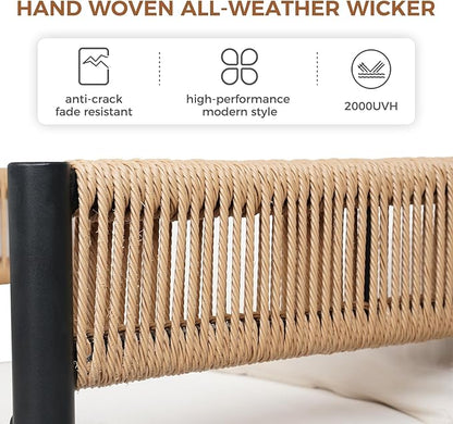 Grand patio 5-Piece Outdoor Dining Set for 4, Metal Woven Wicker Swivel Patio Chairs with Thickened Cushions & 1 Square Woodgrain Dining Table with Umbrella Hole for Backyard Deck (Natural)
