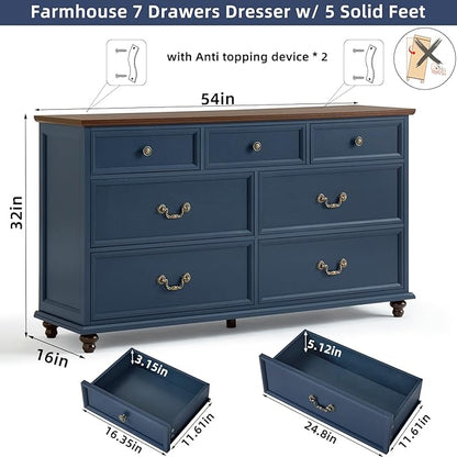 Farmhouse Dresser and Nightstand Sets, Wooden 7 Drawers Dresser & 24" Night Stand with 3 Drawers, 2 Piece Bedroom Furniture Set, Chest of Drawers for Bedroom, Home, Living Room, Hallway