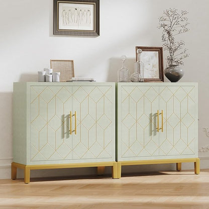 HLR Accent Cabinet with Gold Trim Set of 2,Storage Cabinet with 2 Doors,Modern Wooden Sideboard for Living Room, Kitchen, Office and Hallway(Green)