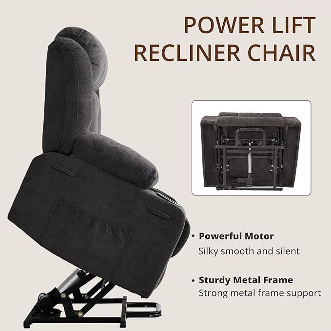 Dual Motor Power Lift Recliner for Elderly, Large Electric Lift Recliner with Massage and Heat, Cup Holders, Side Pocket, Fabric(Dark Grey)