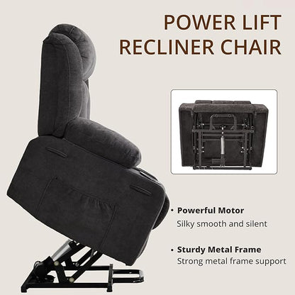 Dual Motor Power Lift Recliner for Elderly, Large Electric Lift Recliner with Massage and Heat, Cup Holders, Side Pocket, Fabric(Dark Grey)