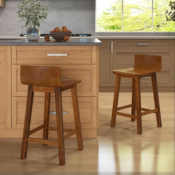 COSTWAY Solid Wood Bar Stools Set of 4, 24.5-inch Counter Height Chairs with Low Back and Footrest, Farmhouse Wooden Armless barstools for Kitchen Island, Dining Room, Cafe, Breakfast, Brown