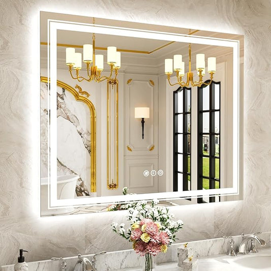 WTTY 48x36 LED Bathroom Mirror with Lights, Backlit and Front Lighted Bathroom Vanity Mirrors Wall Mounted, Double LED Vanity Wall Mirror for Bathroom with Anti-Fog, Dimmable, Memory, Shatter-Proof