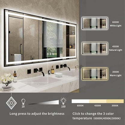 Bathroom Mirrors for Wall, 72x32 Inch Black Framed Gradient Front and Backlit Smart Mirror, 3 Colors Dimmable CRI>90, IP54 Enhanced Anti-Fog Wall Mounted Bathroom Mirror Frame