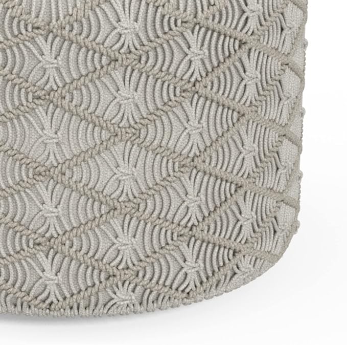 SIMPLIHOME Coates Contemporary Round Macrame Pouf in Cloud Grey Cotton for the Living Room, Bedroom and Kids Room