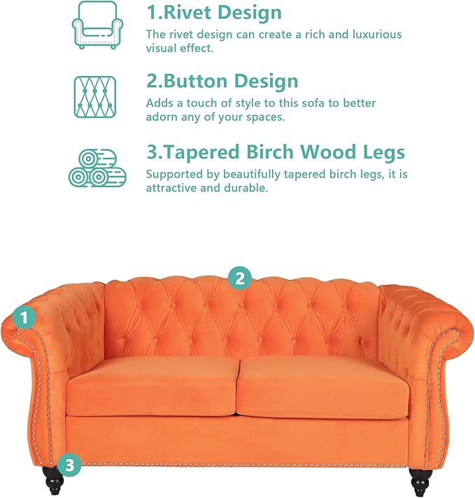 Velvet Loveseat Sofa, Mid Century Modern Upholstered Couch, 62" Oversized Comfy 2 Seater Love Seat Couch with Cushions, Tufted Chesterfield Sofa for Living Room, Bedroom, Apartment (Orange)