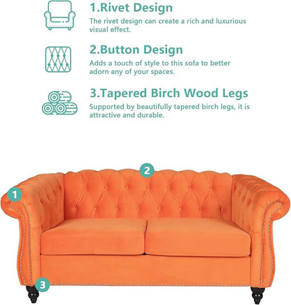 Velvet Loveseat Sofa, Mid Century Modern Upholstered Couch, 62" Oversized Comfy 2 Seater Love Seat Couch with Cushions, Tufted Chesterfield Sofa for Living Room, Bedroom, Apartment (Orange)
