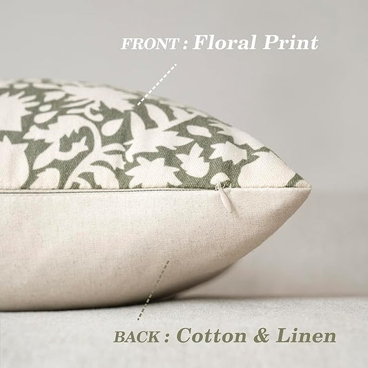 Foindtower Set of 2 Decorative Neutral Floral Throw Pillow Covers Accent Farmhouse Cushion Covers Boho Vintage Pillowcase for Couch Sofa Bedroom Living Room Home Decor,24×24 Inch,Sage Green