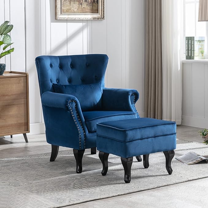 Accent Reading Arm Chairs with Ottoman for Living Room Bedroom, Midcentury Modern Comfy Corner Sofa Chair, Wingback Waiting Room Club Chair with Button Tufted Back &Lumbar Pillow, Velvet Blue