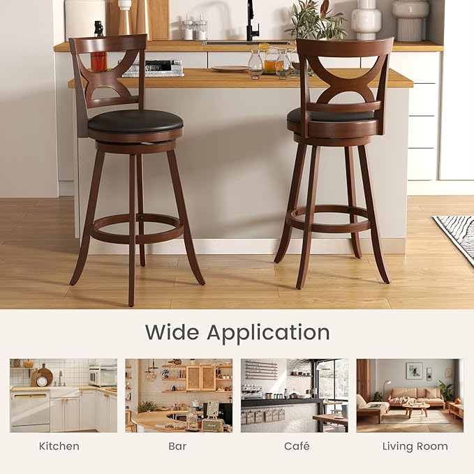COSTWAY Bar Stools Set of 2, 30.5” 360-Degree Swivel Chairs with Soft Cushion & Elegant Hollow Backrest, Rubber Wood Footrests, Upholstered Swivel Bar Stools for Kitchen Island, Pub, Café (2, 30.5‘’)