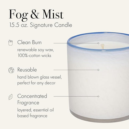 LAFCO New York Signature Candle, Fog & Mist - 15.5 oz - 90-Hour Burn Time - Reusable, Hand Blown Glass Vessel - Made in the USA