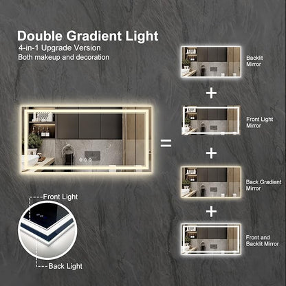 Backlit Bathroom Mirror, 55x30 Inch Gradient Front and Backlit Mirror, 3 Colors Dimmable CRI>90 Double Lights, IP54 Enhanced Anti-Fog, Hanging Plates Wall Mount LED Bathroom Mirror