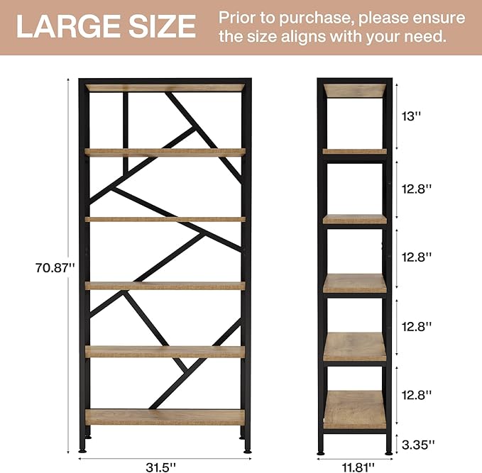Tribesigns 71 Inch Industrial Bookshelf, 6 Shelf Etagere Bookcase, Free Standing Open Book Shelves Storage Display Shelf, Wood Shelving Units Organizer Rack for Home Office Living Room, Black and Wood