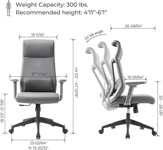 EUREKA ERGONOMIC Valen Leather Desk Chair, High Back Office Chair, Microfiber PU Leather Office Chair with Wheels, Executive Office Chair Comfy for Samll Spaces, Grey