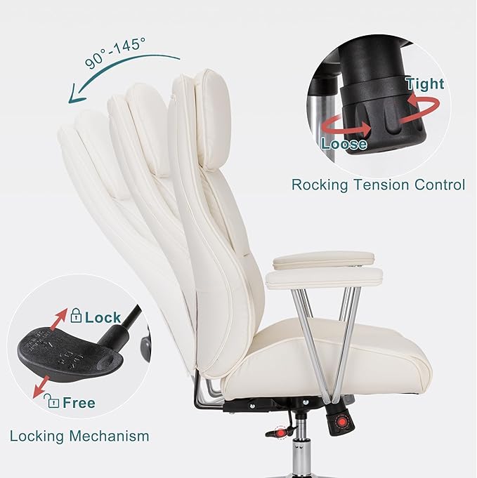 High Back Office Desk Chair,Ergonomic Reclining Office Chair,Modern Swivel Computer Chair,Conference Room Chairs,Cream White Leather Chair with Lumbar Support,330lbs
