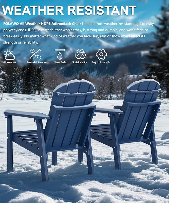 Adirondack Chair, All Weather HDPE Fire Pit Chairs, Oversized Plastic Adirondack Chair for Outdoor, Balcony, Deck, Backyard, Patio, Garden, Poolside, Lawn Navy Blue
