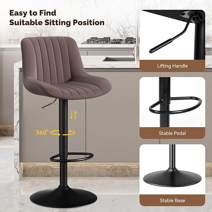 Nalupatio Bar Stools Set of 4, Adjustable Modern Swivel Bar Stools with Backs, Counter Height Performance Fabric Island Chairs for Home Kitchen, Dark Brown