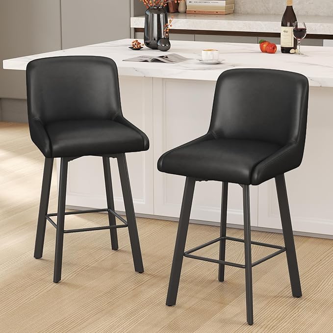 Swivel Bar Stools, 26''H Upholstered Barstools with Backs, Modern Counter Height Bar Stool Chairs for Kitchen Island, Metal Legs (Black- Faux Leather, Set of 2-26" H)