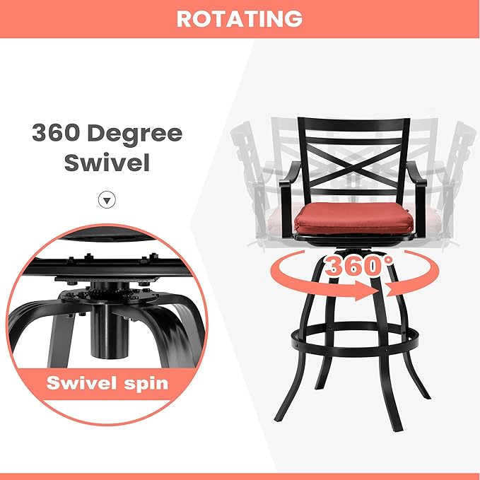 Pellebant 30" Sunbrella Outdoor Bar Stools Set of 2, Aluminum Swivel Patio Bar Height Bar Stools with Back & Footrest, for Deck Lawn Garden(Red)