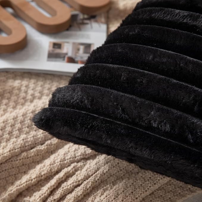 DEELAND Pack of 2,Double-Sided Faux Fur Plush Decorative Throw Pillow Covers Fuzzy Striped Soft Pillowcase Cushion Covers for Sofa Couch Bedroom Black 24x24 inch