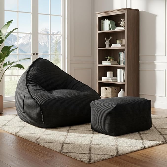 Cloud Bean Bag Chair with Ottoman for Adults, Comfy Corduroy Chaise Lounge Chair with High-Resilience Foam, Oversized Boneless Reading Chair for Bedroom & Living Room (Charcoal)