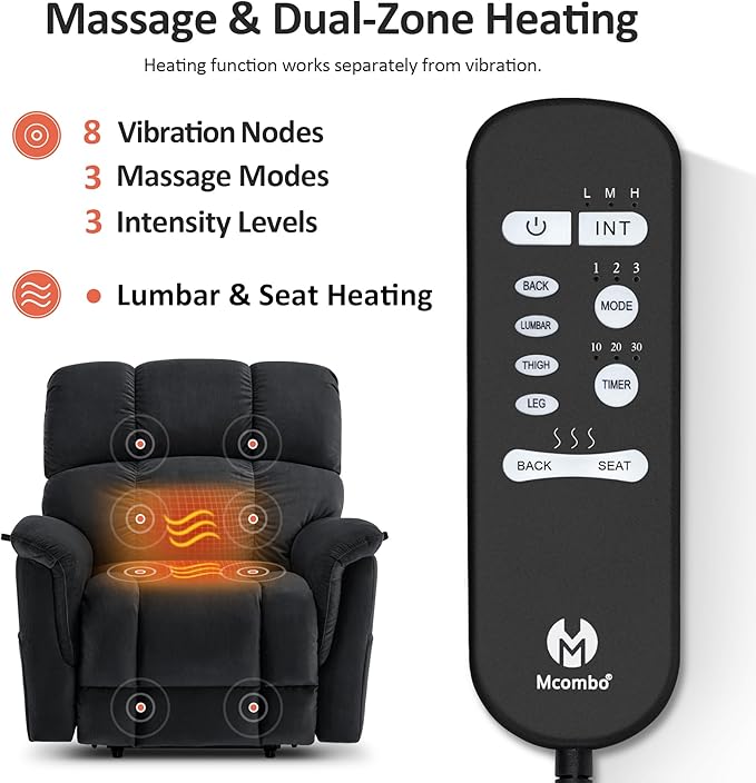 MCombo Large-Wide Dual Motor Power Lift Recliner Chair, Massage and Dual Heating for Elderly People, Infinite Position, Fabric R7166 (Black)