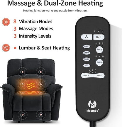 MCombo Large-Wide Dual Motor Power Lift Recliner Chair, Massage and Dual Heating for Elderly People, Infinite Position, Fabric R7166 (Black)