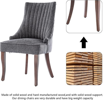 mikibama Linen Dining Chairs Set of 2 Channel Tufted Kitchen Dinner Chair Comfy Fabric Upholstered Accent Chair for Dining Room with Solid Wood Legs (Grey)