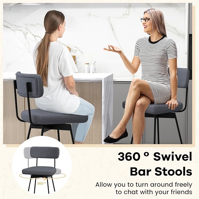 COSTWAY Bar Stools Set of 4, 29” Upholstered Bar Height Chairs with Back, 360° Swivel Dining Chairs with Heavy-Duty Metal Legs and Footrests, for Kitchen Island, Dining Room, Bar (4, Grey)