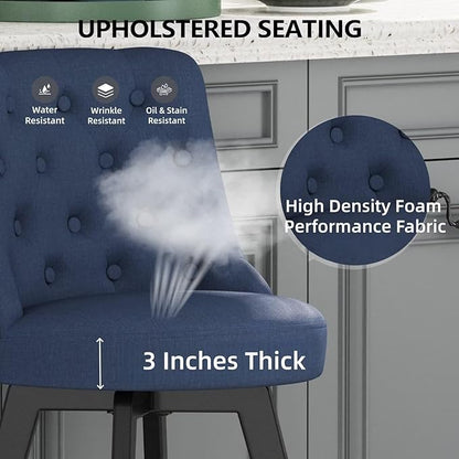 MINCETA Set of 4 Upholstered Bar Stools - 26 Inch Swivel Counter Height Stools with Low Tufted Back, Footrest & Performance Fabric - Round Seat for Kitchen Island & Home Bar Blue