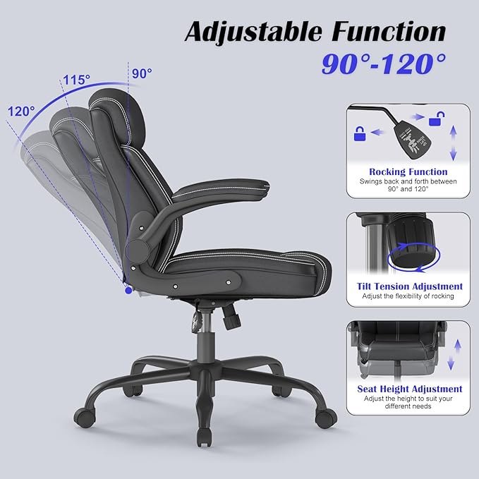 AnyGod Executive Leather Office Chair, Ergonomic Home Office Desk Chair with Flip-up Armrests, Lumbar Support, Adjustable Height, Mid-Back with Rocking Function for Executives