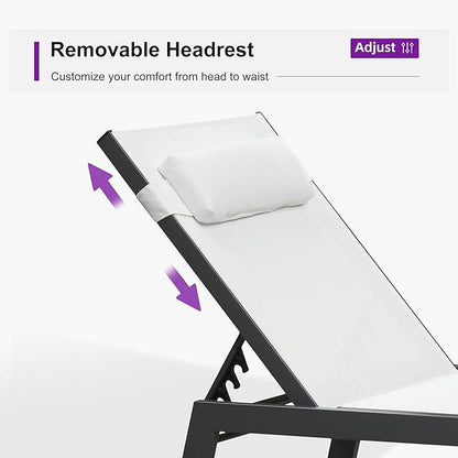 PURPLE LEAF Outdoor Lounge Chair Set of 3 Patio Chaise Pool Lounger Aluminum Frame with Side Table and Wheels for Outside Sunbathing Tanning Recliner Including Pillows White