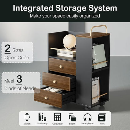 Home Office Furniture Set, 71" Electric Standing Desk with 2 Wide File Cabinet, AC/USB, Mobile File Cabinet with Lockable Wheels, Furniture Set with Multiple Functions,Black Walnut