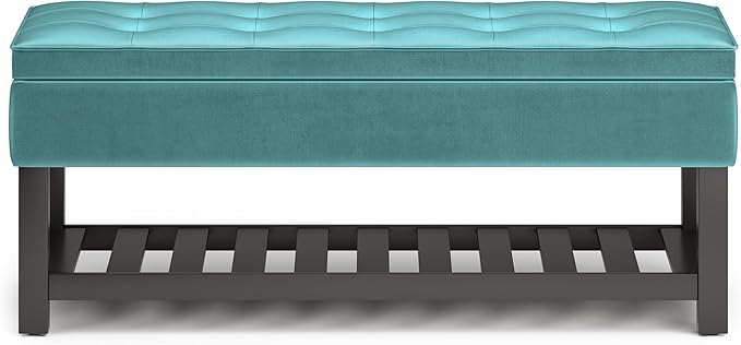 SIMPLIHOME Cosmopolitan 44 inch Wide Traditional Rectangle Storage Ottoman Bench with Open Bottom in Aqua Velvet Fabric, Assembled for the Living Room and Bedroom