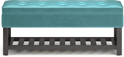 SIMPLIHOME Cosmopolitan 44 inch Wide Traditional Rectangle Storage Ottoman Bench with Open Bottom in Aqua Velvet Fabric, Assembled for the Living Room and Bedroom