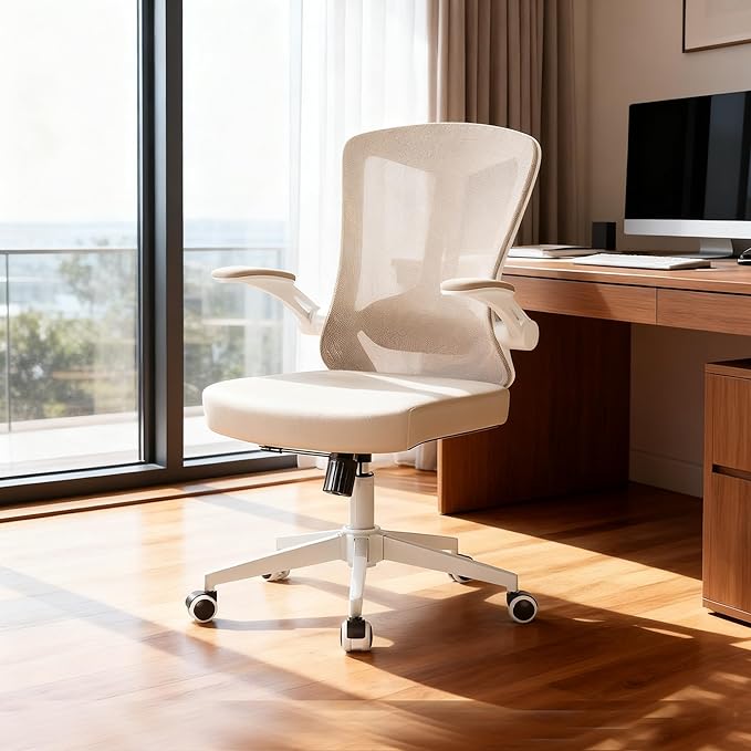 Ergonomic Office Chair with Lumbar Support, High Back Mesh Desk Chair with Flip-Up Arms, Adjustable Computer Task Chair, Khaki