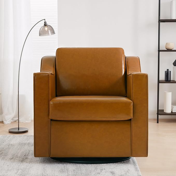 UIXE Faux Leather Swivel Accent Chair, Upholstered Arm Chair for Living Room, Modern Club Armchair Comfy Single Sofa Bedroom Reading Seat with Lumbar Pillow - Cognac Brown