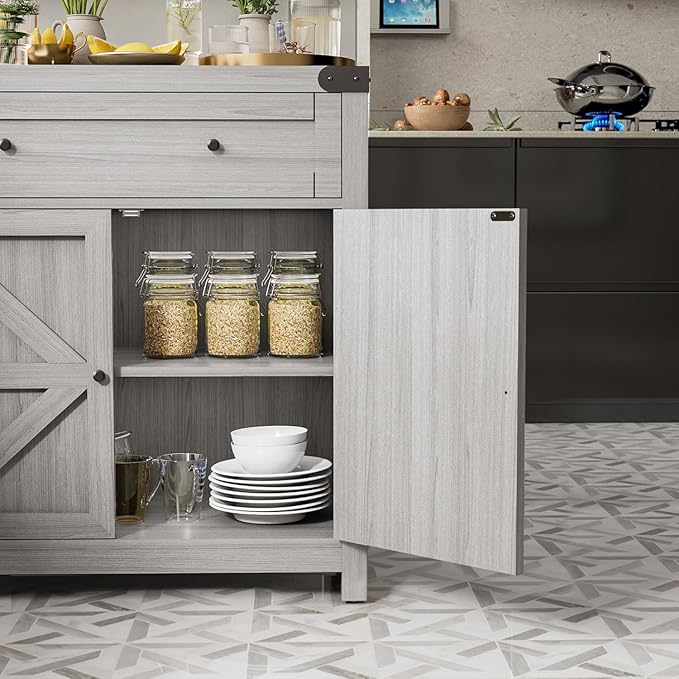 JUMMICO Coffee Bar Cabinet Farmhouse Kitchen Sideboard Buffet Cabinet with Drawer and Adjustable Shelf Barn Door Storage Cabinet for Kitchen, Dining Room, Bathroom, Entryway (Ash Grey)