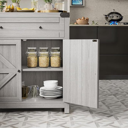 JUMMICO Coffee Bar Cabinet Farmhouse Kitchen Sideboard Buffet Cabinet with Drawer and Adjustable Shelf Barn Door Storage Cabinet for Kitchen, Dining Room, Bathroom, Entryway (Ash Grey)