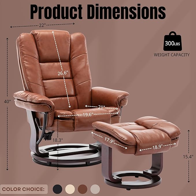 JC Home Argus Swivel Recliner with Ottoman, PU Leather & Wood Base Reclining Chair with Footrest, Ultra-Plush Double Foam for Living Room, Bedroom and Office
