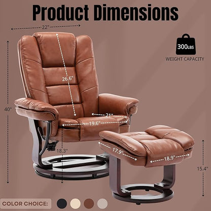 JC Home Argus Swivel Recliner with Ottoman, PU Leather & Wood Base Reclining Chair with Footrest, Ultra-Plush Double Foam for Living Room, Bedroom and Office