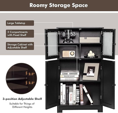 LOKO Bathroom Floor Cabinet, Storage Organizer with Glass Doors, Wooden Kitchen Cupboard with Adjustable Shelf, Versatile Floor Storage Cabinet for Bathroom, Living Room & Kitchen (Black)