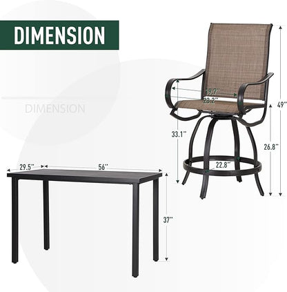 PHI VILLA 5 PCS Outdoor Bar Set, Counter Height Swivel Chair with Rectangle Metal Table, Textilene Fabric and Quick-Drying Waterproof,High Patio Set for Garden, Yard, Poolside